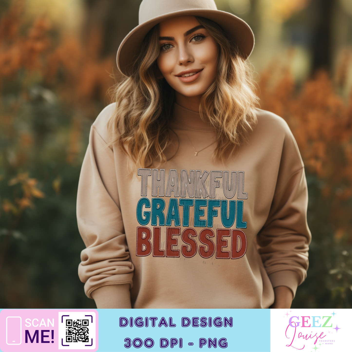 thankful grateful Blessed Faux corduroy faux embroidery - Digital Download- PNG