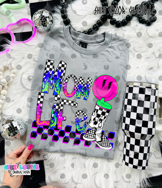 Mom Life Neon Grunge Digital Design | Rainbow Flame Checkered PNG | Retro Mom Shirt Design