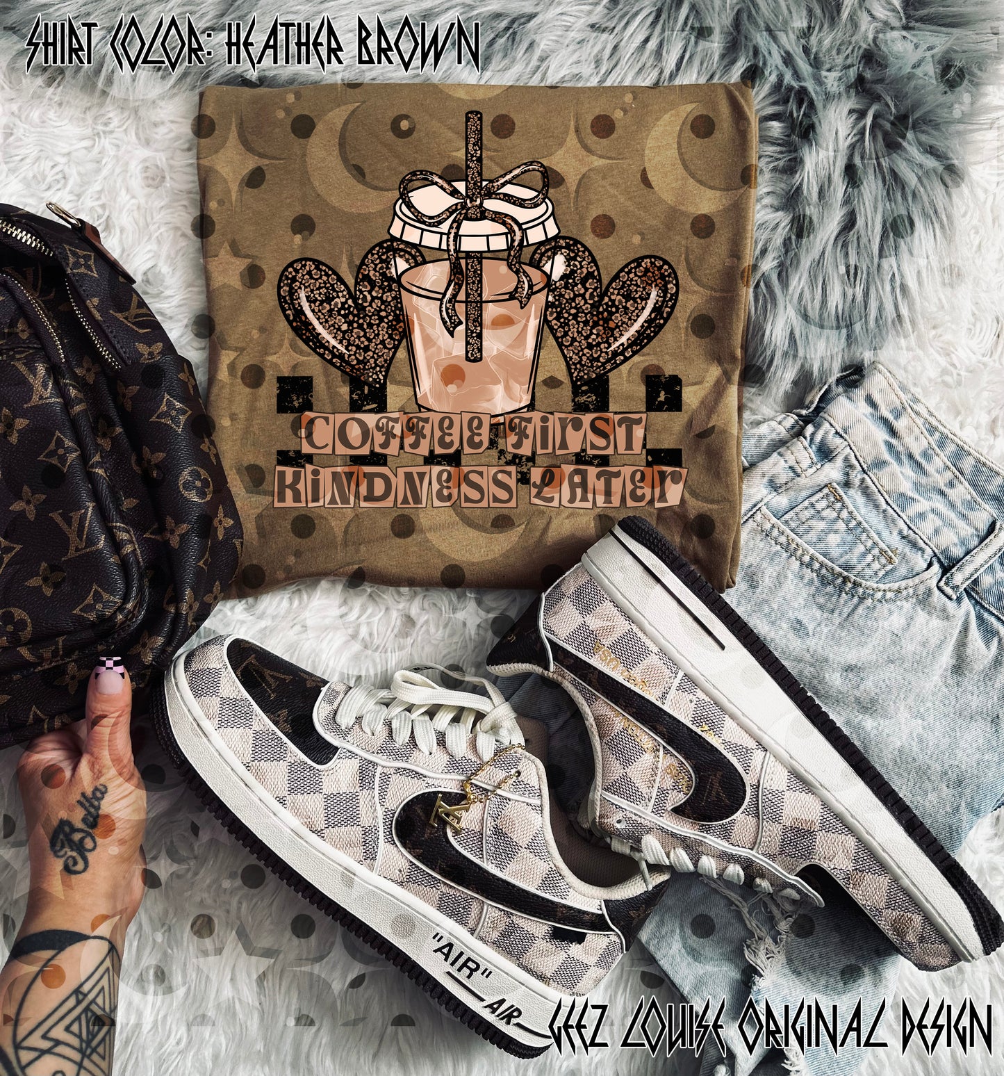 Coffee First Kindness Later Digital Design | Iced Coffee Glitter Bow PNG
