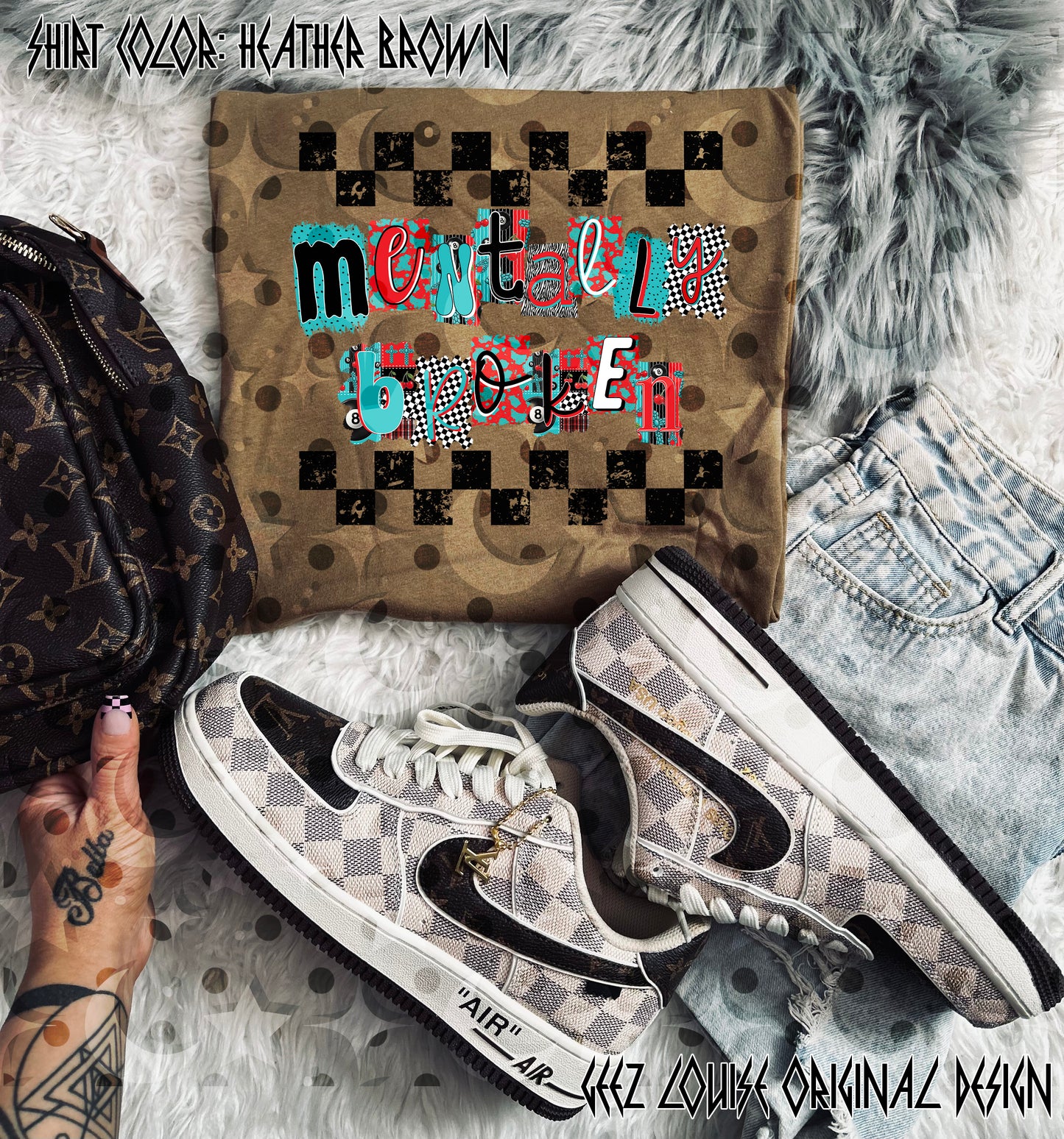 Mentally Broken Digital Design | Punk Patchwork Checkered PNG