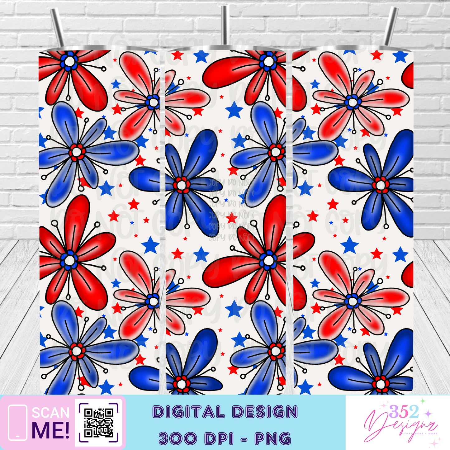 Retro flower patriotic tumbler - Digital Download- PNG