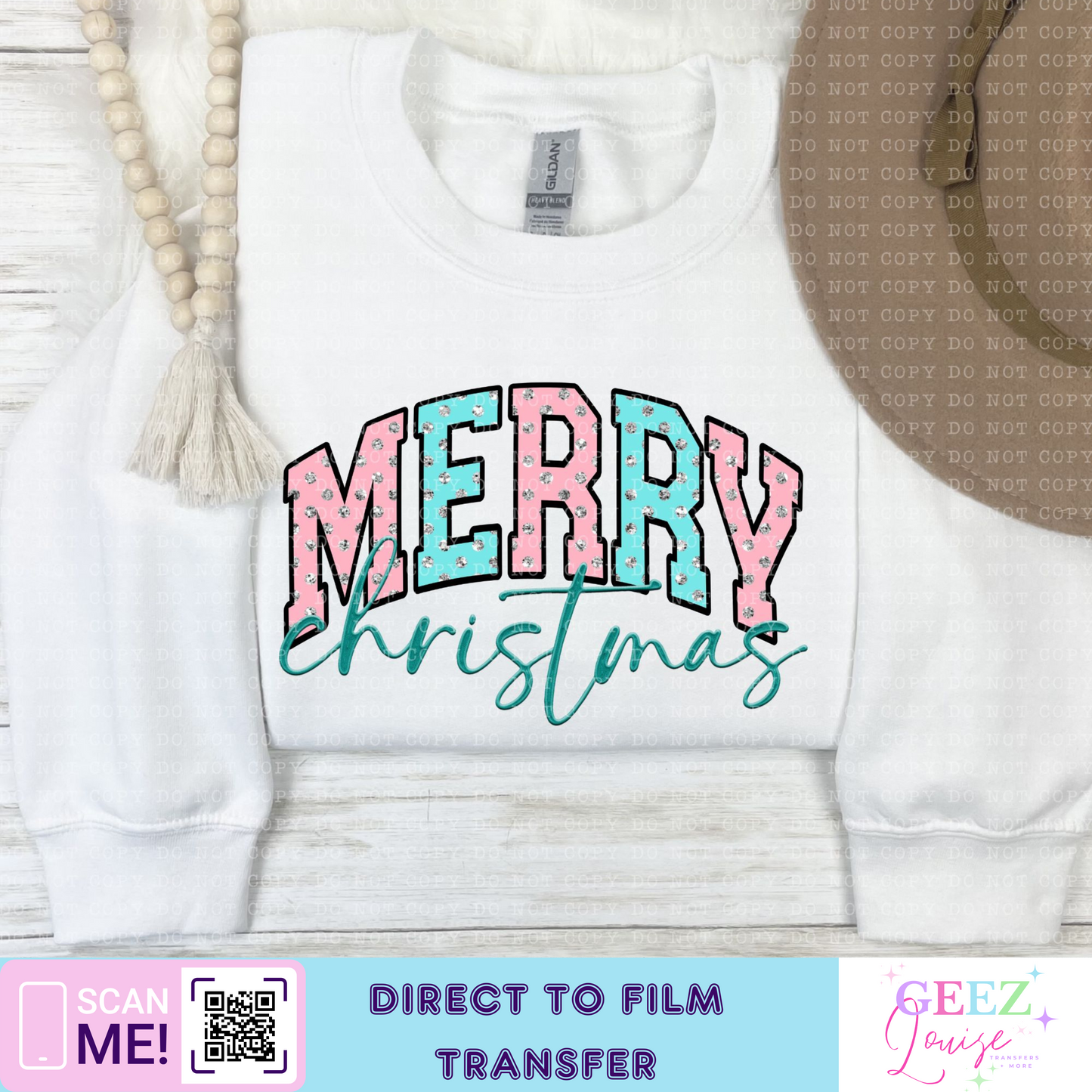 Merry faux sequin Christmas - Direct to Film Transfer - made to order