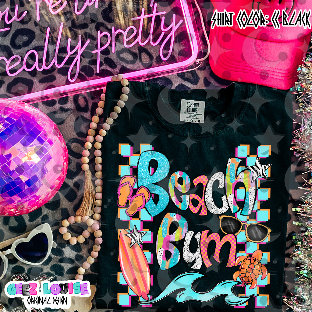 Beach Bum PNG | Retro Summer Sublimation Design | Surf, Turtle & Sunglasses Graphic | Colorful Beach Shirt PNG