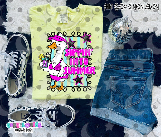 Sippin’ Into Summer Goose PNG | Cute Summer Drinking Shirt Design | Beach Goose Graphic | Funny Vacation PNG