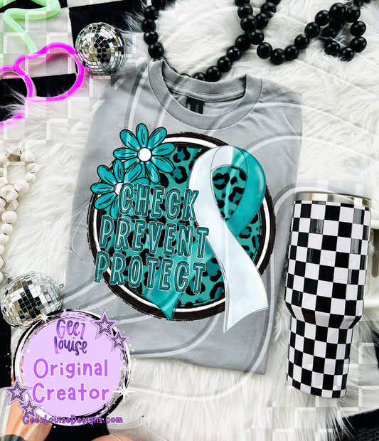 Check Prevent Protect – Teal & White Ribbon Leopard Awareness Digital Design