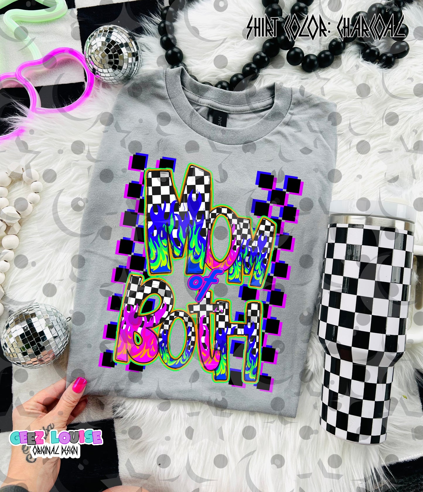 Mom of Both Neon Grunge Digital Design | Rainbow Flame Checkered PNG | Boy Mom Girl Mom Shirt