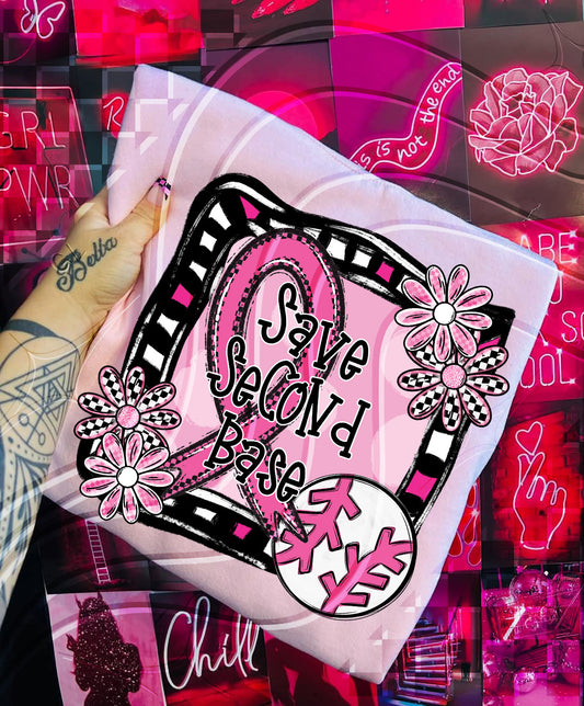 Save Second Base PNG – Breast Cancer Awareness Digital Design with Pink Ribbon & Baseball