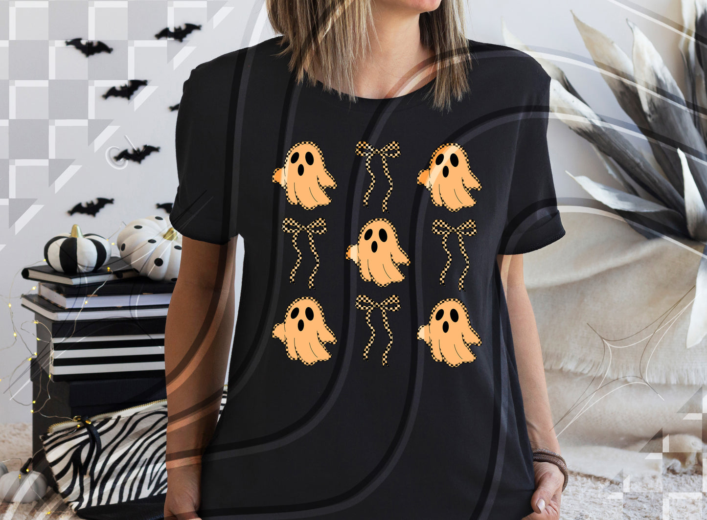 Coquette Checkered Ghost Digital Design – 4 Color Options (PNG + Commercial Use)