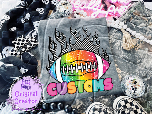 Custom Flame Football Tee Design – Rainbow, Checkered, Punk Alt Style
