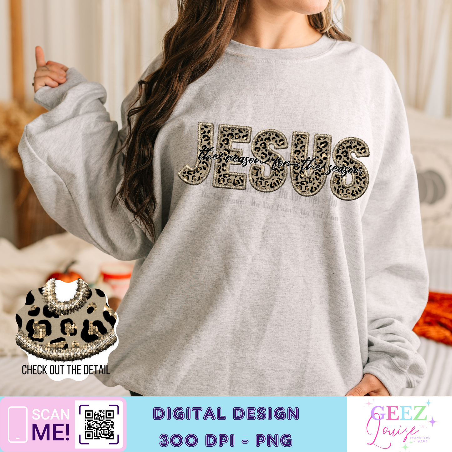Jesus is the reason leopard Christmas faux embroidery - Digital Download- PNG
