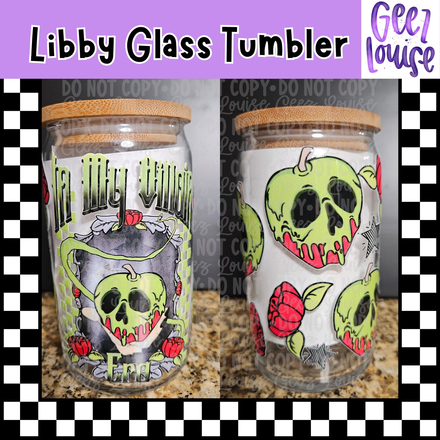 Poison Apple Libby Glass Tumbler | 16oz Gothic Skull Apple Glass Cup with Bamboo Lid & Straw