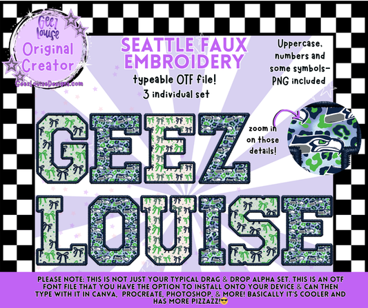 Seattle Faux Embroidery Alpha Typeable OTF Alpha Font + PNG Sets
