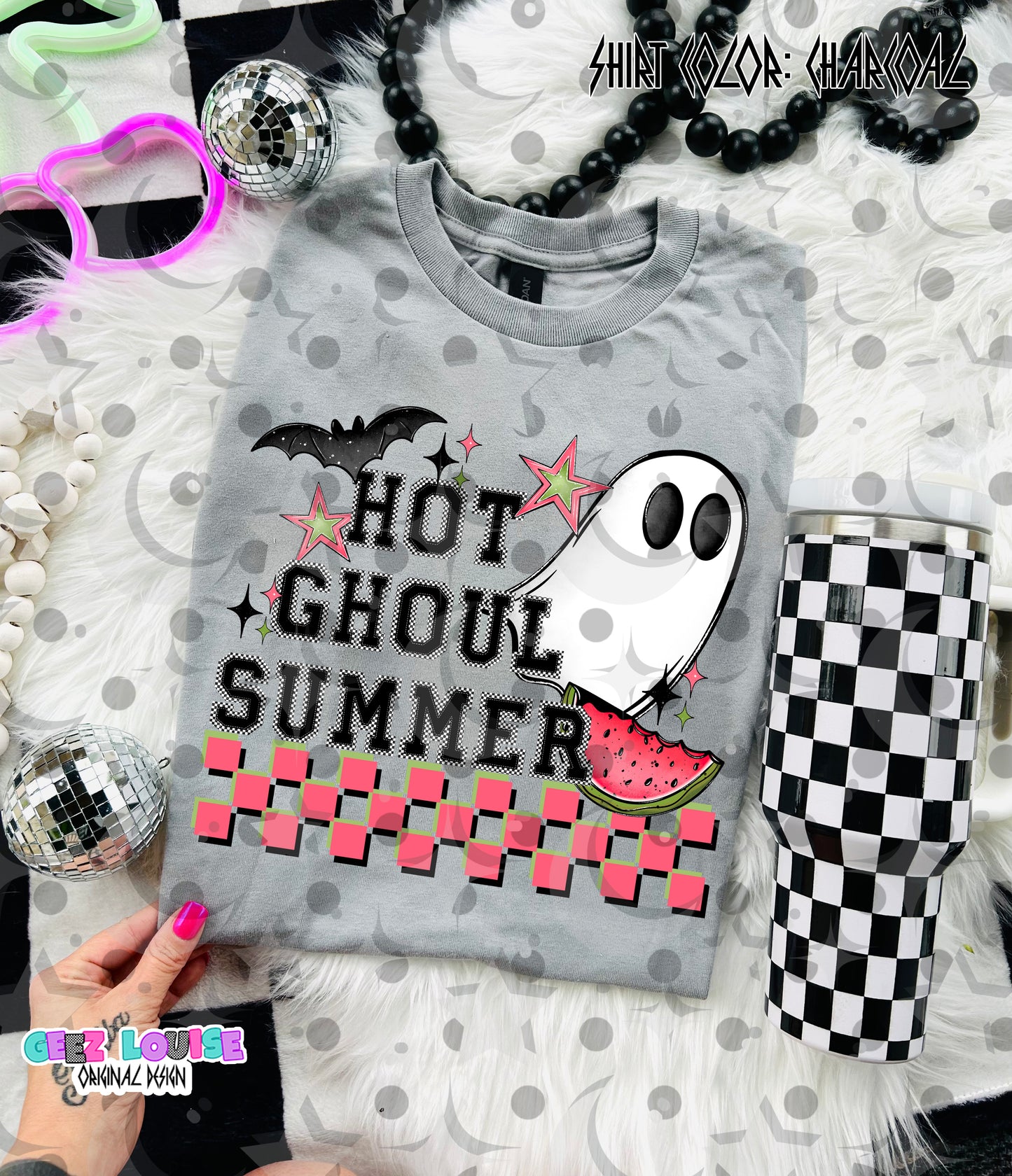 Hot Ghoul Summer PNG | Funny Halloween Summer Design | Ghost Watermelon Sublimation PNG | Retro Checkerboard Graphic