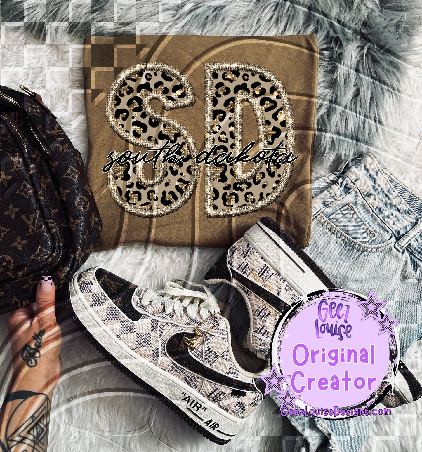 State abbreviations in faux leopard sequin embroidery  - Digital Download- PNG