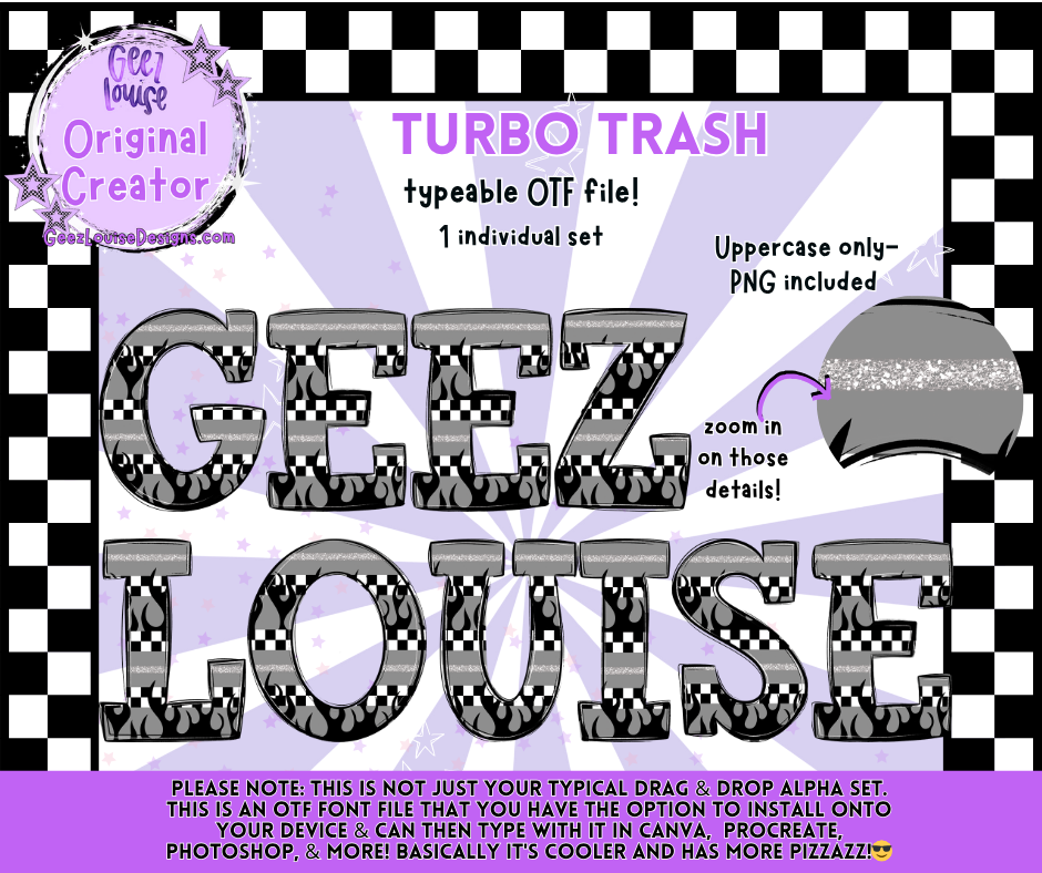 Turbo Trash – Typeable OTF Alpha Set (Uppercase + PNG)