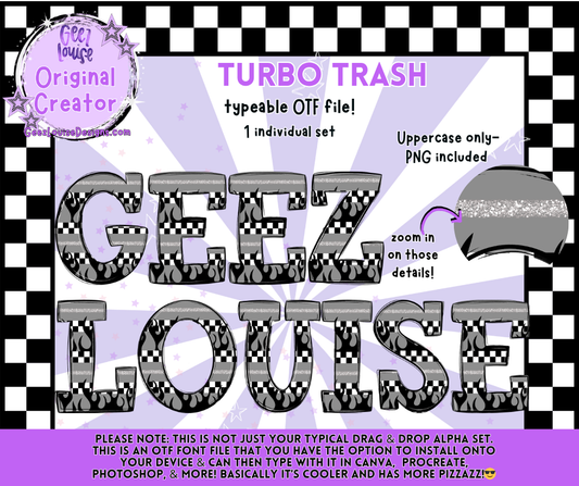 Turbo Trash – Typeable OTF Alpha Set (Uppercase + PNG)