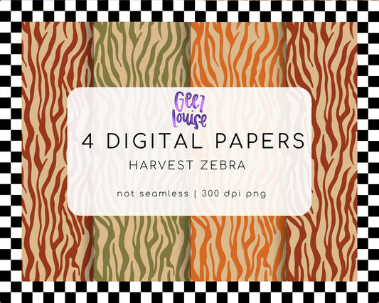 Harvest Zebra Digital Paper Pack | Fall Animal Print Backgrounds | Autumn PNG Papers | 4 Digital Papers