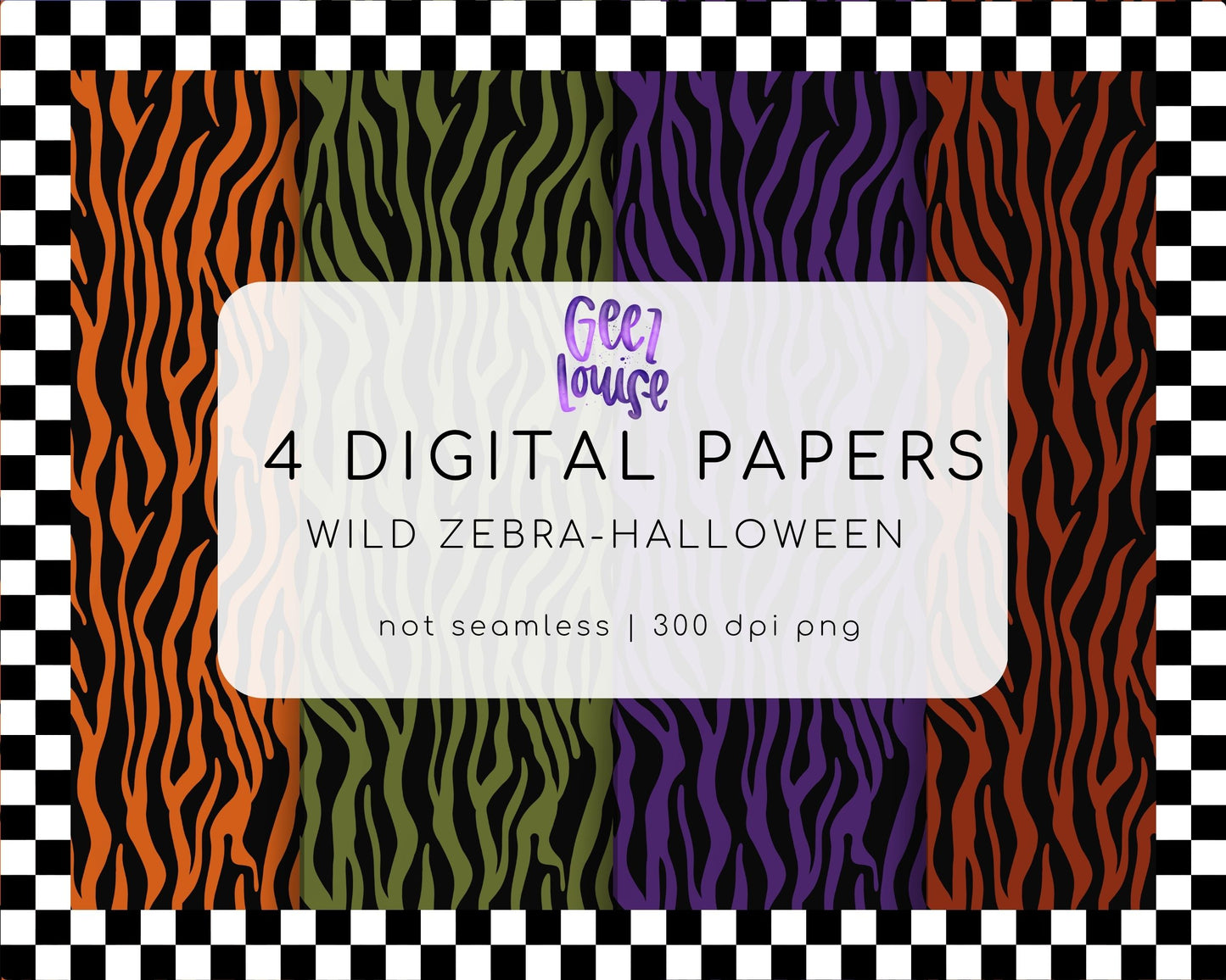 Wild Zebra Halloween Digital Papers | Orange Purple Green Animal Print Backgrounds | 4 PNG Papers