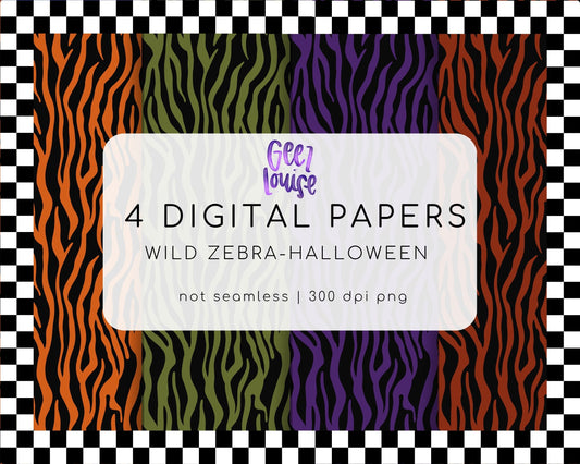 Wild Zebra Halloween Digital Papers | Orange Purple Green Animal Print Backgrounds | 4 PNG Papers