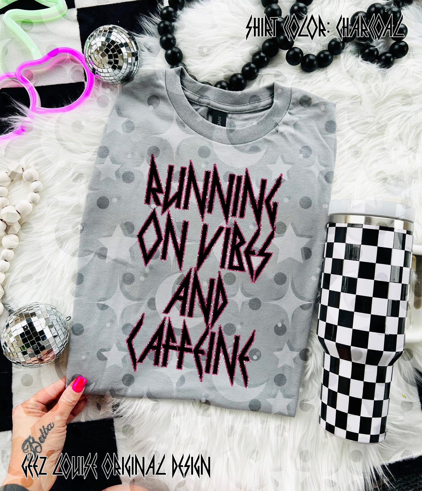 Running on Vibes and Caffeine Digital Design – Edgy Lightning Typography Quote Graphic