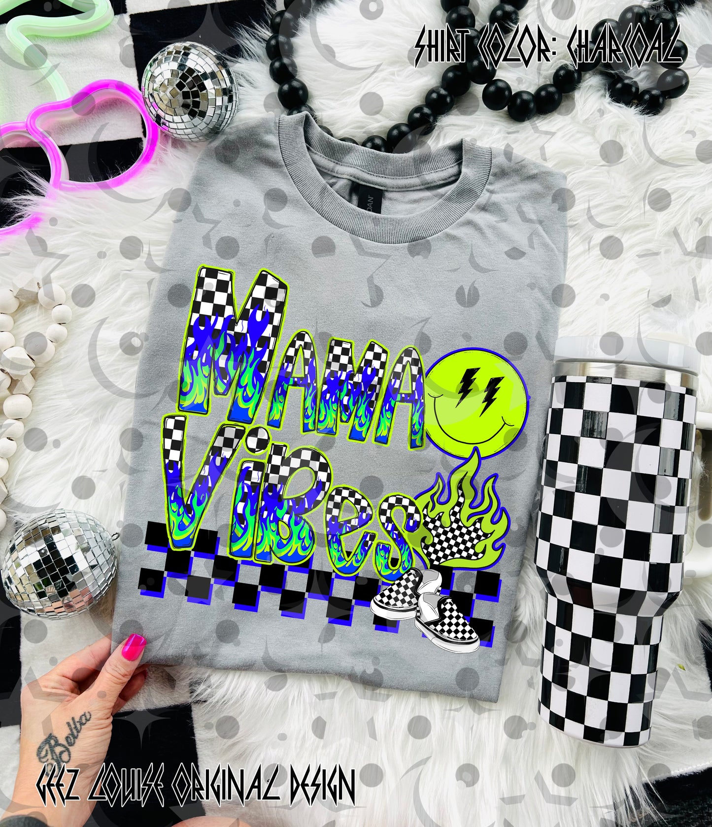 Mama Vibes PNG | Neon Checkered Flame Mom Design | Trendy Sublimation Shirt File