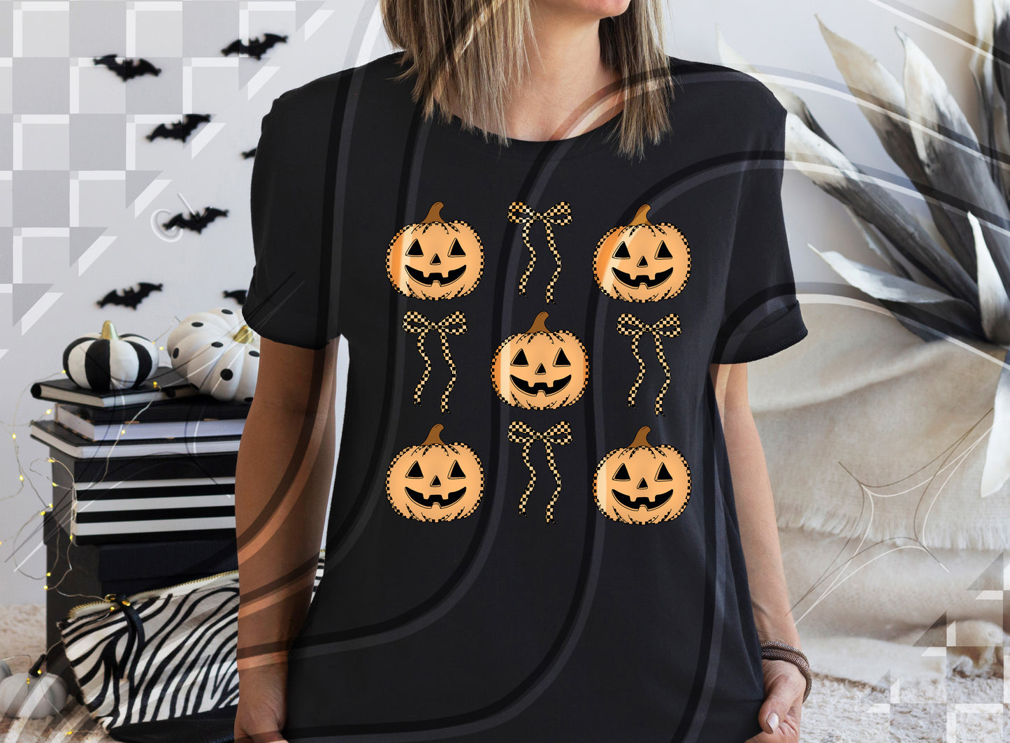 Coquette Checkered Pumpkin Digital Design – 4 Color Options (PNG + Commercial Use)