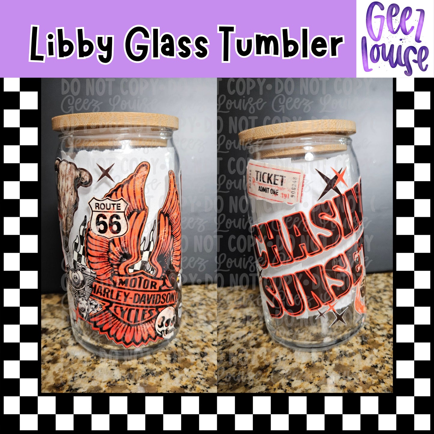 Vintage Motorcycle Libby Glass Tumbler | 16oz Biker Graphic Glass Cup with Bamboo Lid & Straw
