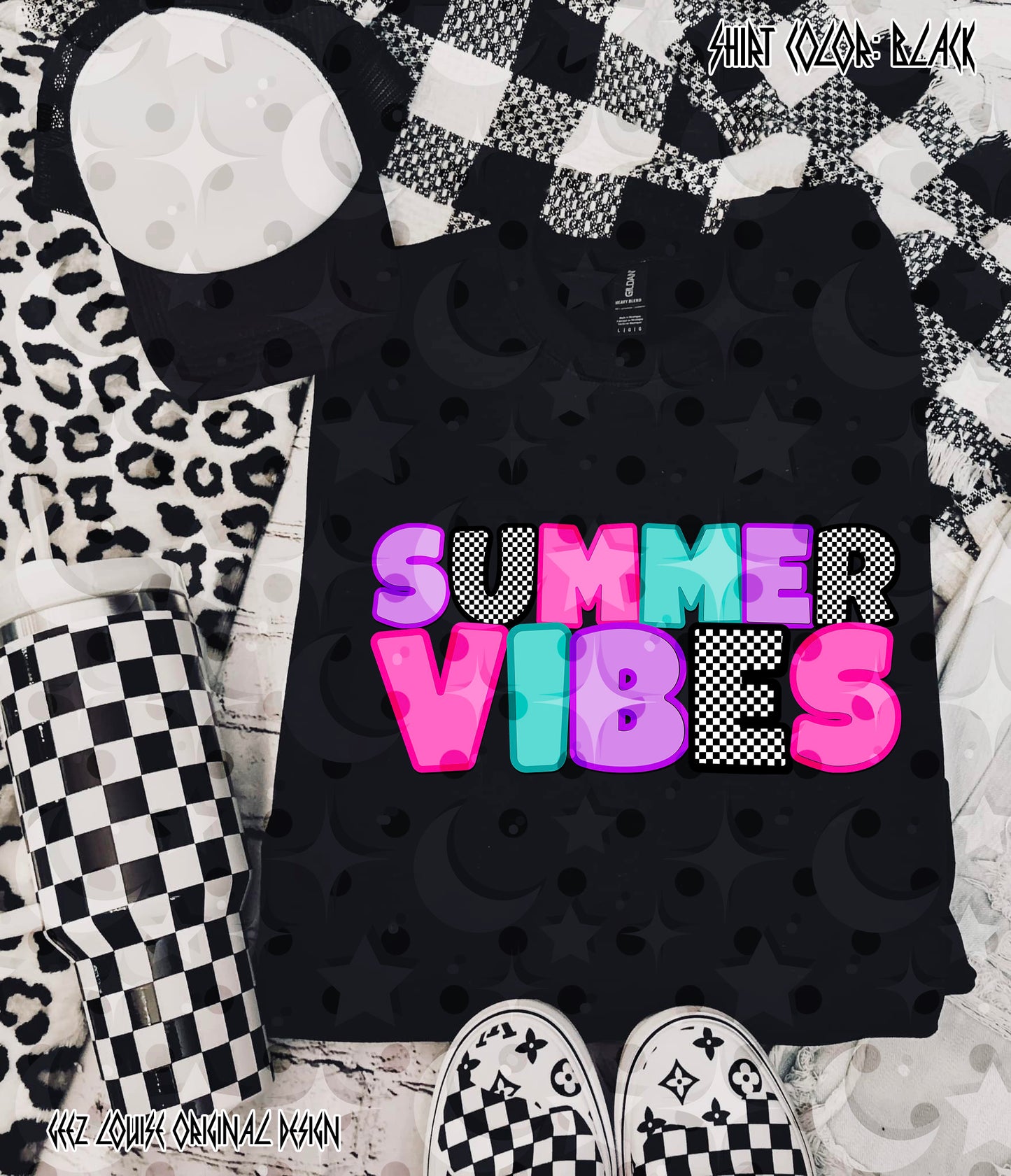 Summer Vibes PNG | Retro Neon Bubble Letter Design | Checkerboard Aesthetic | Sublimation PNG
