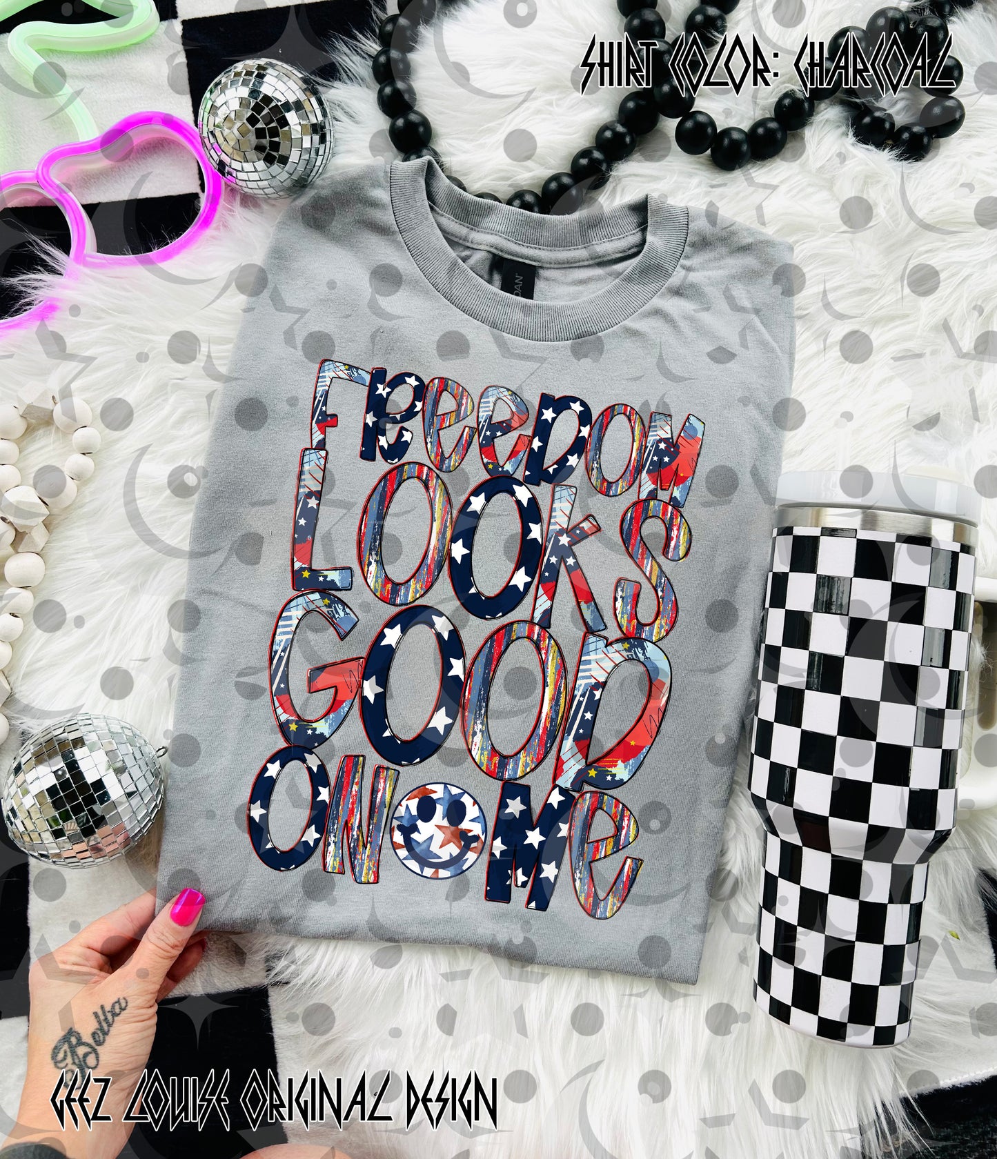 Freedom Looks Good on Me PNG | Patriotic Red White Blue Shirt Design | 4th of July Sublimation File