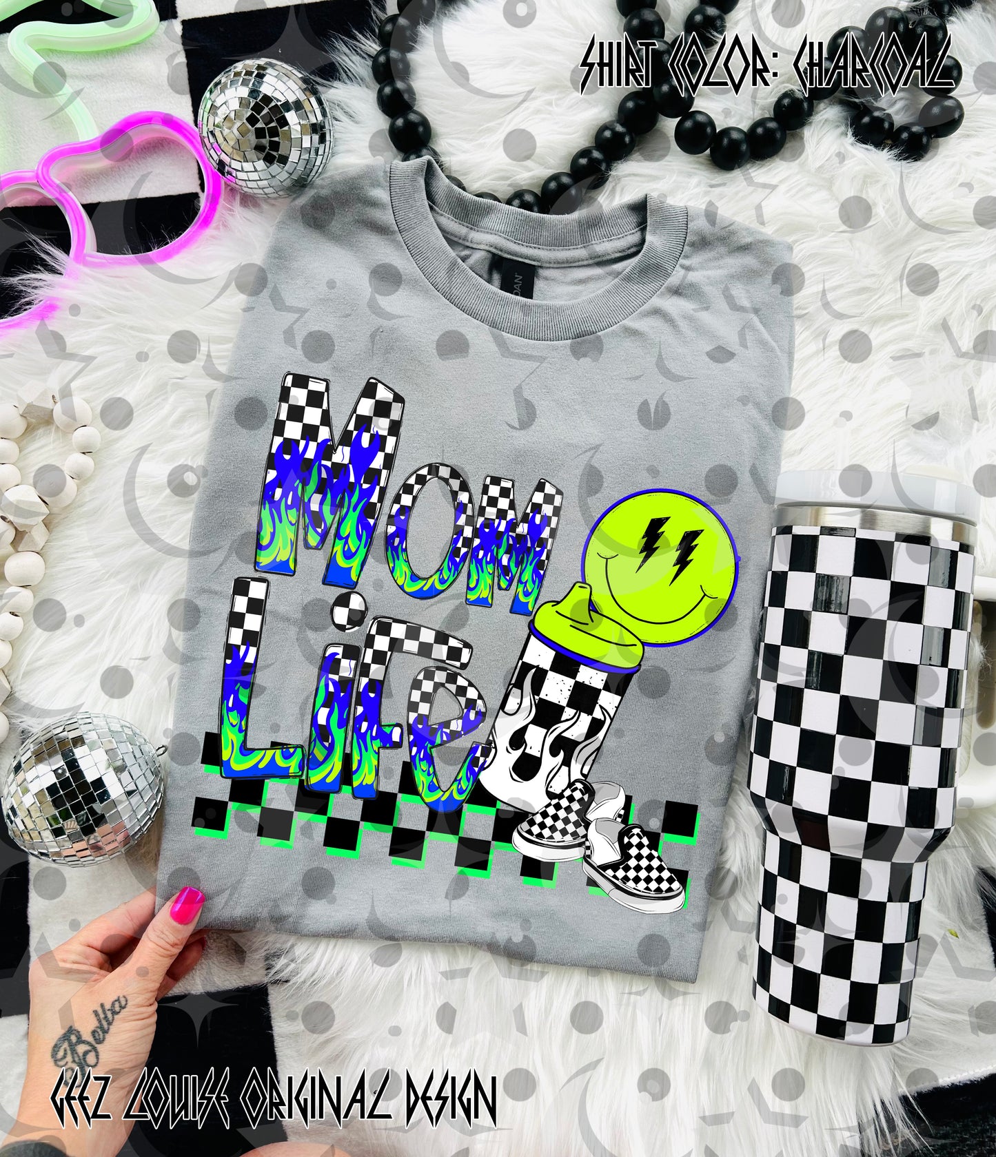 Mom Life PNG | Neon Checkered Flame Mom Design | Trendy Sublimation Shirt File