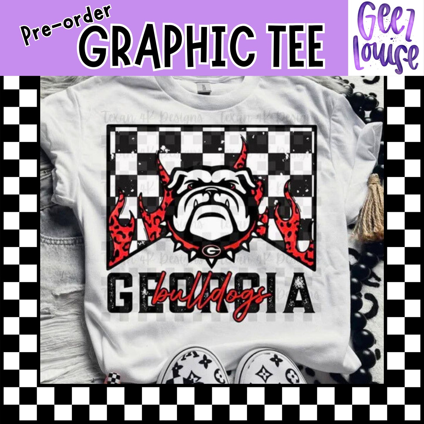 Georgia Bulldogs Graphic Tee – Grunge Checkered | Pre-Order | Made to Order