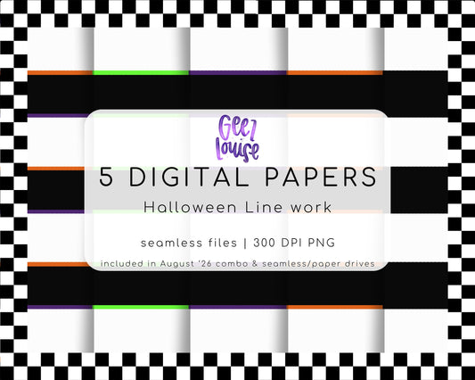 Halloween Line Work Seamless Digital Paper Bundle | 5 Halloween Stripe Patterns | PNG Backgrounds | August '26 Combo & Seamless  Drive