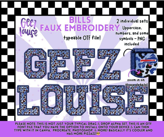 Bills Faux Embroidery Typeable OTF Alpha Font + PNG Sets