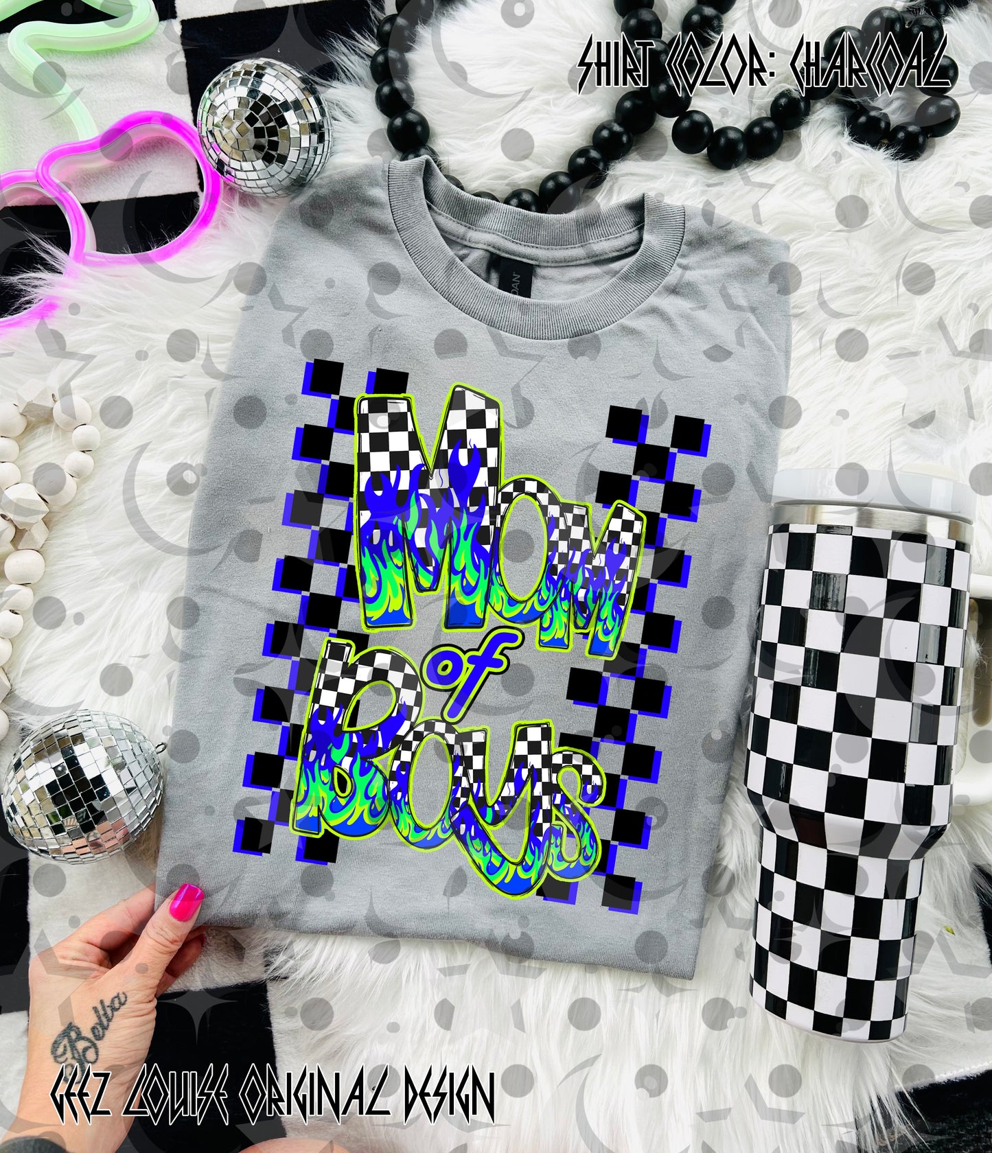 Mom of Boys Checkered Flame PNG | Neon Blue Green Retro Grunge Shirt Design | Friyay Limited Digital Download