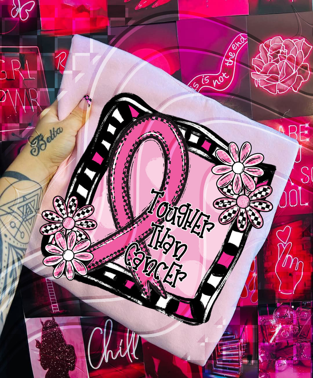Tougher Than Cancer PNG – Breast Cancer Awareness Digital Design with Pink Ribbon & Flowers