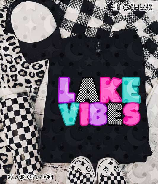Lake Vibes PNG | Retro Neon Bubble Letter Design | Checkerboard Aesthetic | Summer Sublimation PNG