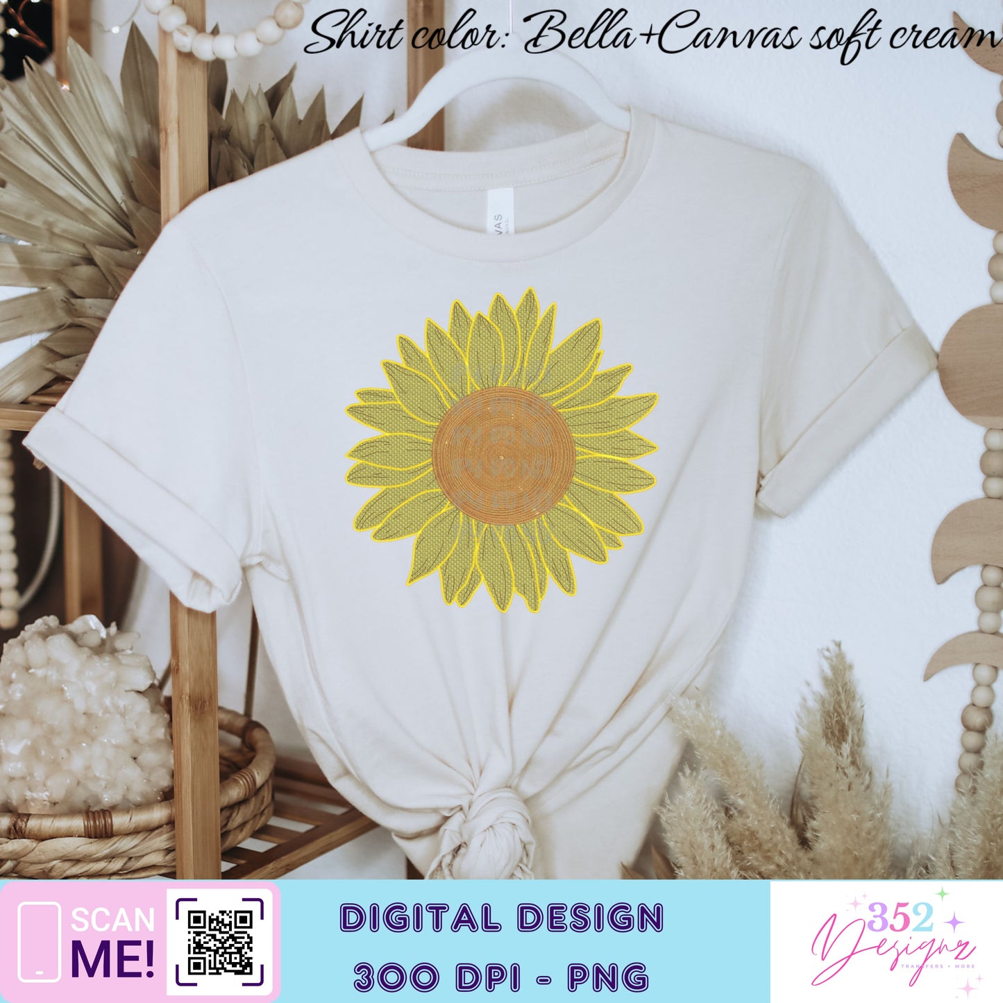 Faux embroidery sunflower - Digital Download- PNG