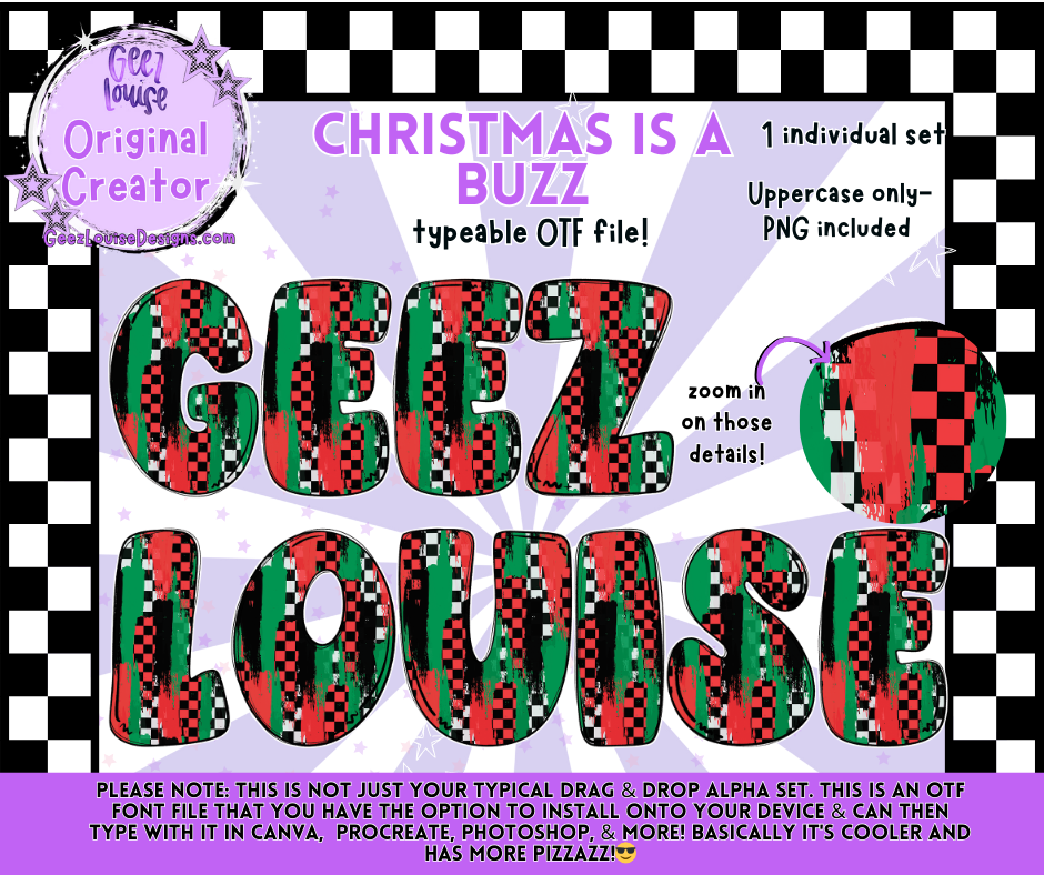 Christmas Is a Buzz Faux Embroidery OTF Alpha | Red & Green Check Digital Font + PNG
