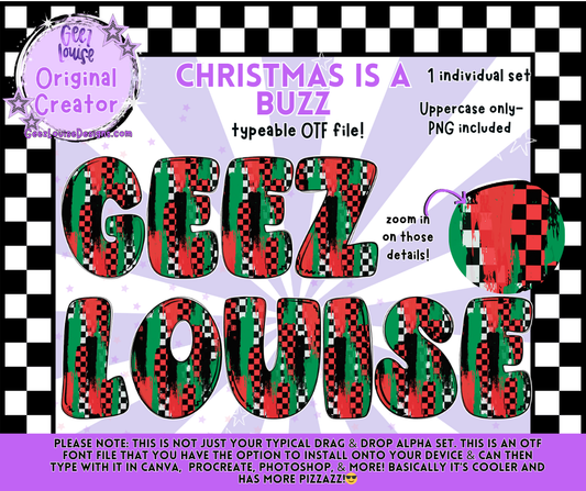 Christmas Is a Buzz Faux Embroidery OTF Alpha | Red & Green Check Digital Font + PNG