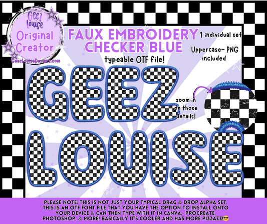 Faux Embroidery Checker Blue OTF Alpha | Typeable Font + PNG Set