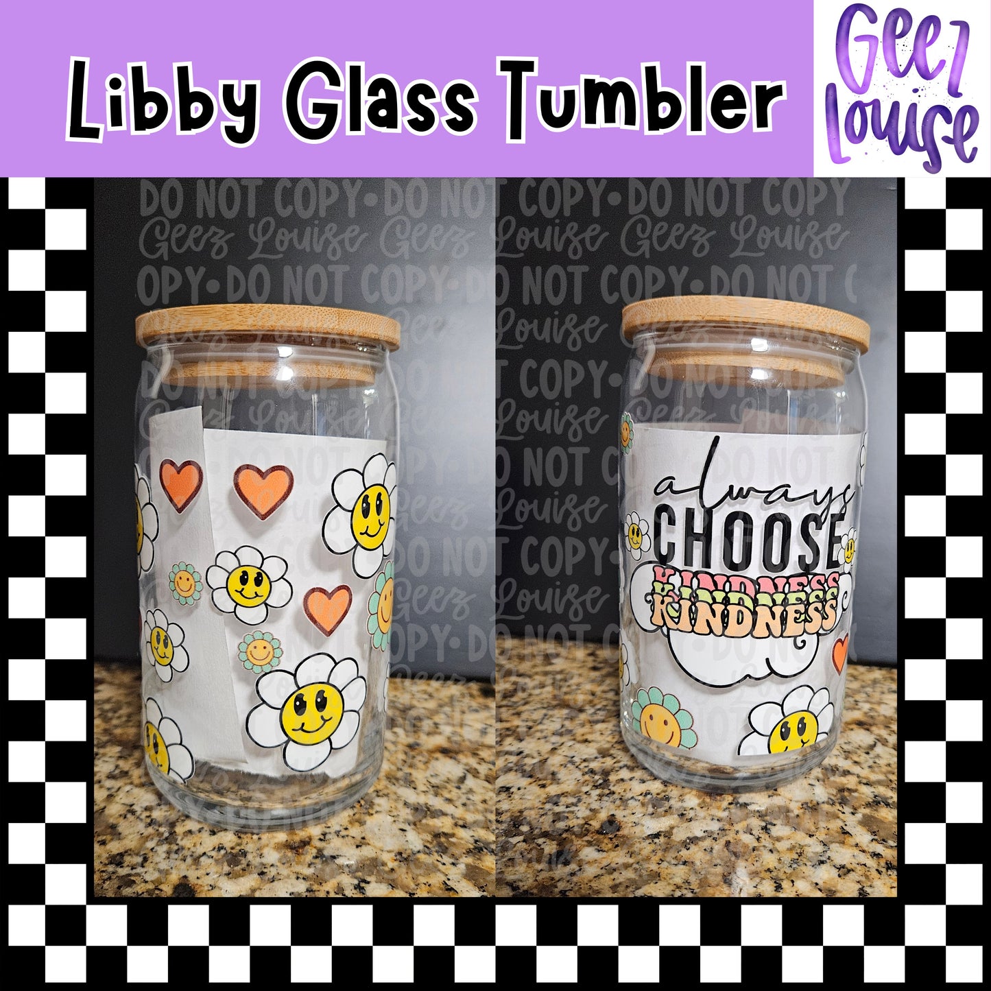 Choose Kindness Libby Glass Tumbler | 16oz Retro Smiley Daisy Glass Cup with Bamboo Lid & Straw