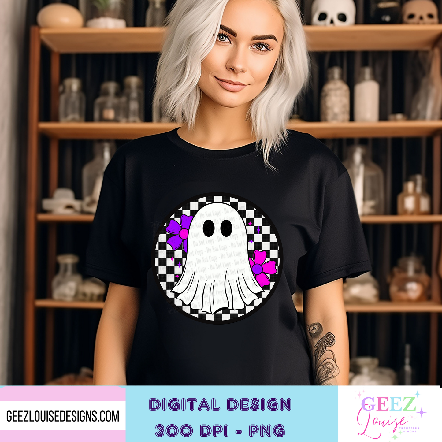 Ghost with neon flowers  and checkerboard Halloween - Digital Download- PNG