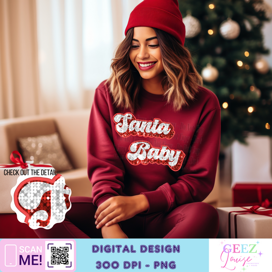 santa baby faux sequin faux embroidery Christmas - Digital Download- PNG
