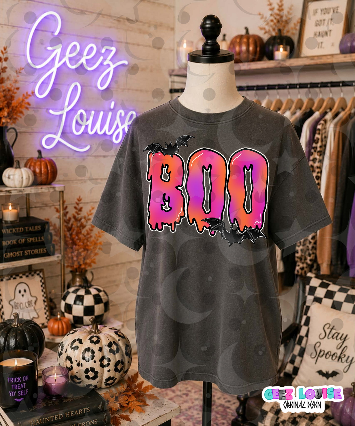 Boo Halloween PNG | Drippy Spooky Boo Sublimation Design | Pink Orange Halloween Ghost Letters | Bat PNG Download