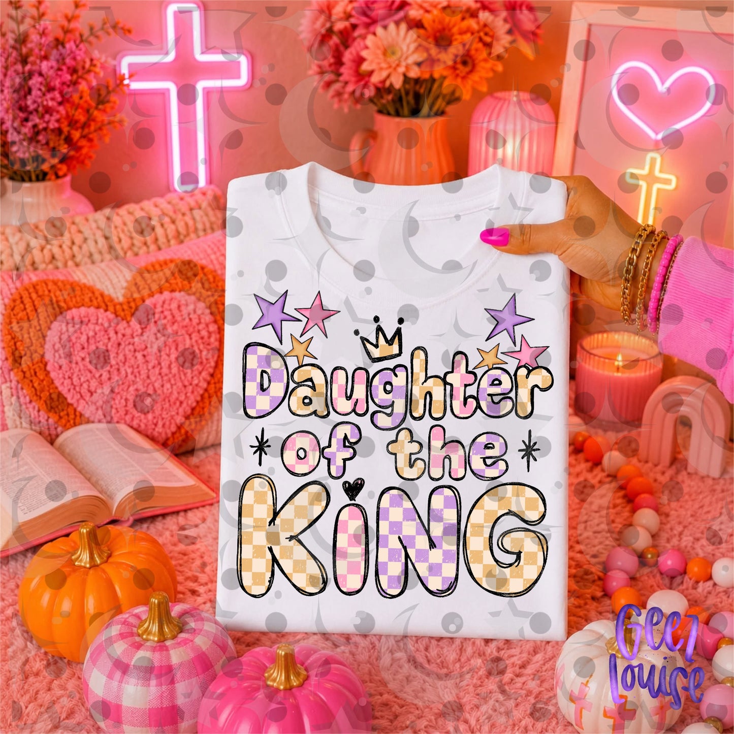 Daughter of the King PNG | Christian Faith Sublimation Design | Pastel Checkerboard Digital Download | August '26 Finished Design Drive