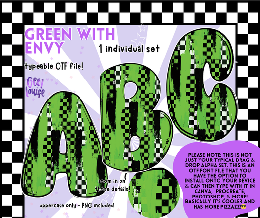 Green With Envy Alpha – Grunge Green Checkered OTF Font & PNG Set
