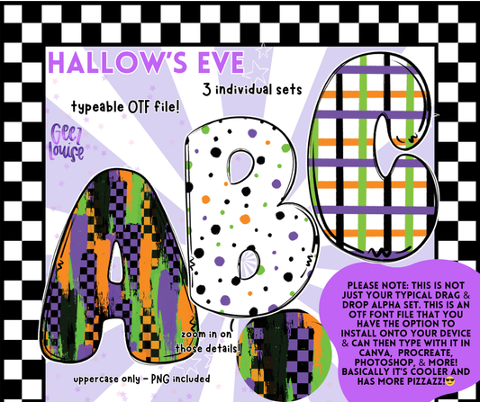 Hallow’s Eve Typeable OTF Alpha Font with PNGs | 3 Pattern Styles