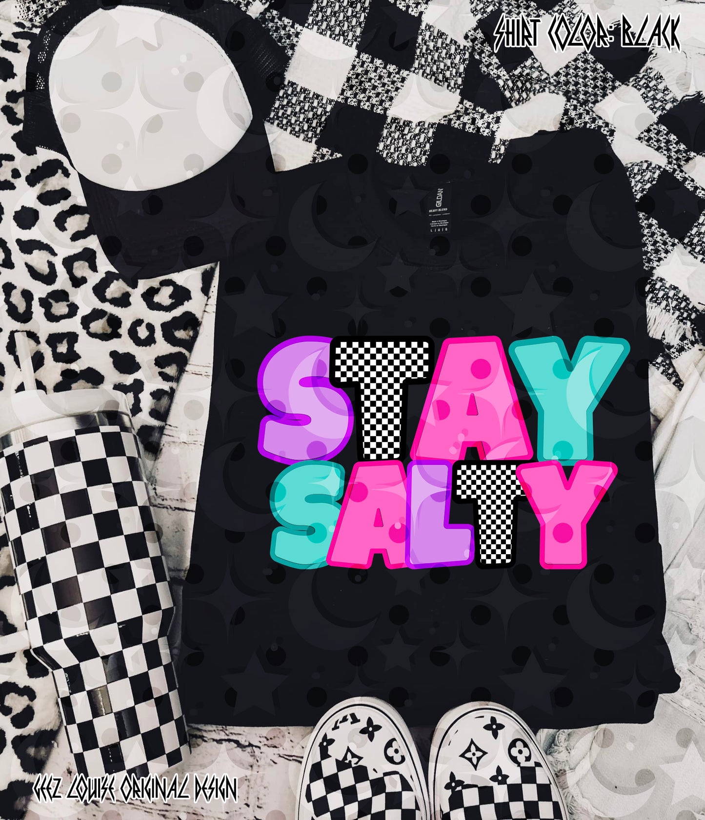 Stay Salty PNG | Retro Neon Bubble Letter Design | Checkerboard Aesthetic | Beach Summer Sublimation PNG
