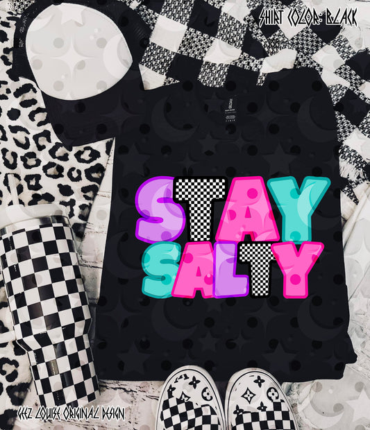 Stay Salty PNG | Retro Neon Bubble Letter Design | Checkerboard Aesthetic | Beach Summer Sublimation PNG