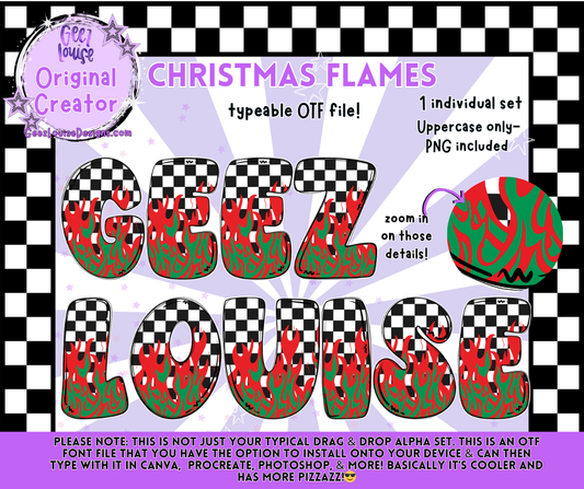 Christmas Flames Alpha | OTF Font + PNG Set | Geez Louise Original